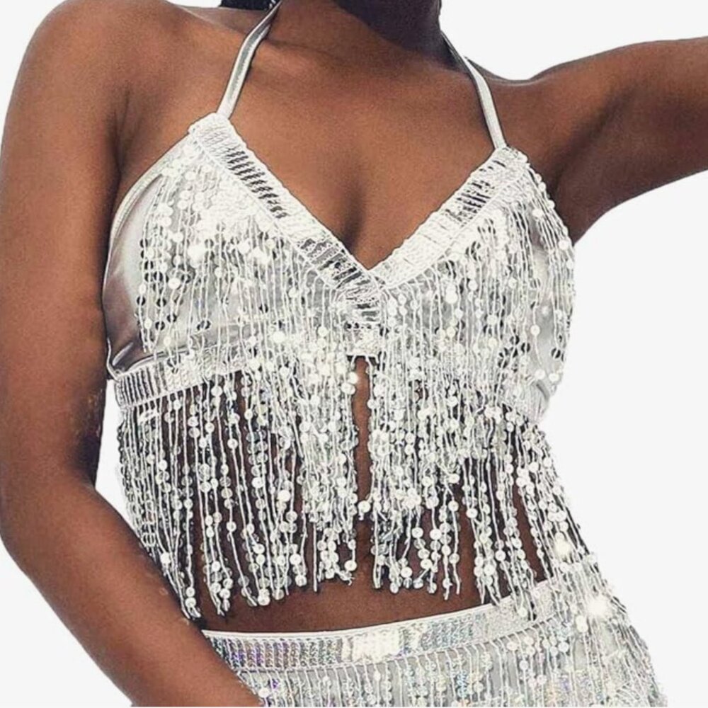 Silver Sequin Fringe Crop Top